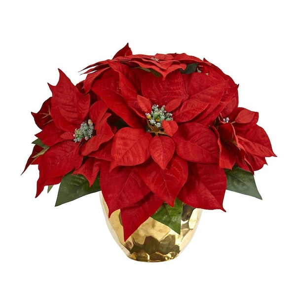 Nearly Naturals Poinsettia Artificial Arrangement in Golden Vase 1963 - main